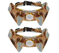 2 Pcs Adjustable Dog Cat Bow Tie, Highland Cow Sunflower, Comfortable Durable Pets Bowtie Collar with Bell for Small Dogs Cats Kitten Puppy