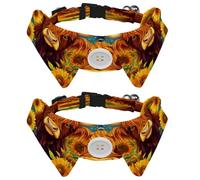 2 Pcs Adjustable Dog Cat Bow Tie, Highland Cow Sunflowers, Comfortable Durable Pets Bowtie Collar with Bell for Small Dogs Cats Kitten Puppy