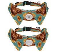 2 Pcs Adjustable Dog Cat Bow Tie, Highland Cow Sunflowers, Comfortable Durable Pets Bowtie Collar with Bell for Small Dogs Cats Kitten Puppy