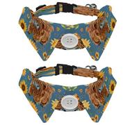 2 Pcs Adjustable Dog Cat Bow Tie, Highland Cow Sunflowers, Comfortable Durable Pets Bowtie Collar with Bell for Small Dogs Cats Kitten Puppy