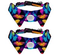 2 Pcs Adjustable Dog Cat Bow Tie, Neon Feathers Pattern, Comfortable Durable Pets Bowtie Collar with Bell for Small Dogs Cats Kitten Puppy