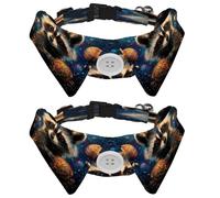 2 Pcs Adjustable Dog Cat Bow Tie, Raccoon Space Planets, Comfortable Durable Pets Bowtie Collar with Bell for Small Dogs Cats Kitten Puppy