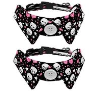 2 Pcs Adjustable Dog Cat Bow Tie, Skulls Pink Hearts, Comfortable Durable Pets Bowtie Collar with Bell for Small Dogs Cats Kitten Puppy