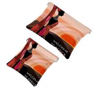 2 PCS Africa Woman Looking Mountains Rising Sun Landscape Pocket Cosmetic Bag, Self-Closing Shrapnel Makeup Pouch, Portable Mini Travel Make Up Bag for Coin Lipstick Earphones Jewelry Organizer