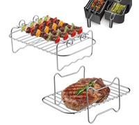 2 Pcs Air Fryer Rack Stainless Steel, Dual Airfryer Grilling Racks with 4 Skewers, Compatible with Ninja Food Dual Zone Air Fryer AF300UK AF400UK, for Double Basket Tower Air Fryers Accessories