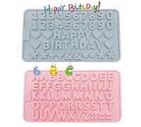 2 pcs Alphabet Silicone Mould Set, Happy Birthday Symbols Heart Shapes Chocolate Moulds, Silicon Chocolate Letters Numbers Mold for DIY Baking Cake Decoration Candy Fondant Biscuit Gummy Dessert