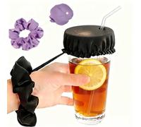 2 PCS Anti Spike Drink Covers, 2-In-1 Drink Covers Scrunchie with Straw Holes, Reusable Cup Cover for Drinks Blocking Dust&Bacteria Nightclub Bars Party Clubs Beach Fit Most Cups Glasses(Purple,Black)