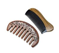 2 Pcs Anti Static Natural Wooden Hair Comb: 1 Pcs Fine Tooth Green Sandalwood Comb Black Horn Comb & 1 Pcs Wood Comb Flower-Wide Tooth Comb