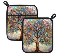 2 Pcs Art Tree Pot Holders, Oven Mitts Heat Resistant Hot Pads with Pockets, Non Slip Pot Holder for Kitchen Baking and Cooking| 21.5 x 24.5cm | Polyester-Cotton Interior Lining