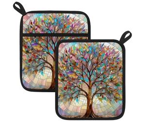 2 Pcs Art Tree Pot Holders, Oven Mitts Heat Resistant Hot Pads with Pockets, Non Slip Pot Holder for Kitchen Baking and Cooking| 21.5 x 24.5cm | Polyester-Cotton Interior Lining