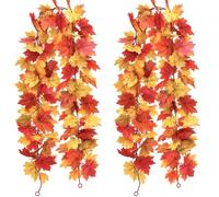 2 Pcs Artificial Autumn Fall Maple Leaf Garland, 66Inch /Piece Fall Leaves | Realistic Fake Faux Reddish Yellow Garland Rattan Vine for Home Fall Decoration,Autumnal Leaves Decor for Halloween Christmas