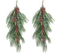 2 Pcs Artificial Christmas Teardrop Swag with Berries and Pinecones, Faux Berry Pine Branch Teardrop Door Swag, Real Touch Norfolk Wreath Greenery Staircase Swags for Xmas Door Mantle Fireplace Decor