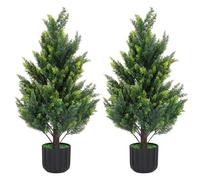 2 pcs Artificial Cypress Trees, Lifelike 90cm Fake Potted Plants in Black Pots, UV Resistant No Maintenance Faux Olive Tree for Indoor Outdoor All Year Greenery, Home & Office Decor