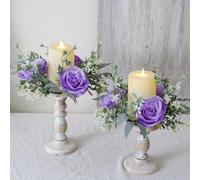 2 Pcs Artificial Flowers Candle Rings Fake Roses Floral Wreaths Wedding Centerpieces for Tables Spring Summer Farmhouse Weddings Party Ceremony Decor (Purple)