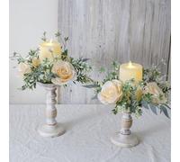2 Pcs Artificial Flowers Candle Rings Fake Roses Floral Wreaths Wedding Centerpieces for Tables Spring Summer Farmhouse Weddings Party Ceremony Decor (Champagne)