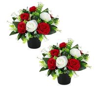 2 Pcs Artificial Flowers for Graves Pots, Red White Rose Grave Flower Pots, Outdoor Decorations Cemetery Ornaments, for Cemetery, Grave Displays, Memorial Tributes, Home Garden Floral Arrange