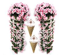 2 Pcs Artificial Hanging Baskets Outdoor With Flowers, Hanging Baskets With Flowers For Garden Wall Fence Wedding Balcony Outdoor Inside Door Decoration,Pink