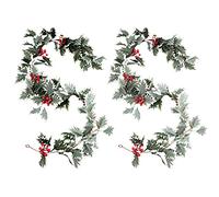 2 Pcs Artificial Red Berry Christmas Garland,Christmas Decorations Burgundy Garland with Green Leaves,Realistic Xmas Hanging Rattan Vine Wreath for Christmas Winter Home Fireplace Door Banister Decor