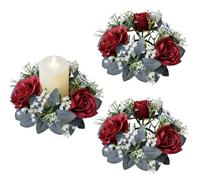 2 Pcs Artificial Rose Candle Rings Holder,Christmas Floral Wreaths with Eucalyptus Leaves Greenery Candle Rings for Pillar Candle Lantern Wedding Centerpiece Party Home Table Decor (Red)
