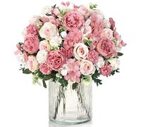 2 Pcs Artificial Roses Peonies Flowers Pink Fake Hydrangea Flowers Bouquet | Silk Flowers, Real Touch Faux Flowers, Peony Rose Gifts, Floral Arrangement for Wedding Party Home Table Centerpieces Decor
