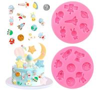 2 Pcs Astronaut Rocket Planet Fondant Silicone Molds Space-Themed Chocolate Candy Epoxy Resin Mold Cute Soap Kitchen Baking Tools for Sugarcraft Cake Decorating