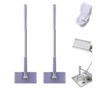 2 PCS Automatic Cloth Changing Mini Mop, Portable Push Pull Handle Mop With 360 Rotating Head, Flat Dust Bathroom Mops, Hands-Free Compatible With Face Towels, Lazy Wet And Dry Mops(Purple-95cm)