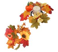 2 Pcs Autumn Wreath Candle Ring, Artificial Maple Leaf Candle Ring Holder Autumn Candle Holder Halloween Pumpkin Wreath Mini Fall Garland for Thanksgiving Table Centerpieces Decorations