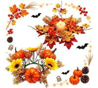 2 Pcs Autumn Wreath Pumpkin Candle Holder, Room Decor Wreath Artificial Maple Leaf Candle Ring, Halloween Thanksgiving Mini Fall Garland, Front Door Decor, Dinner Table Centerpieces Decorations