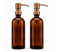 2 PCS Avalon Amber Glass Soap Dispenser Bottles 300ml with Metal Pumps (BPA-Free) Lotion Pump/Soap Dispensers - Reusable Refillable Eco friendly, Sustainable Living/Gift (Vintage Copper Style Pump)