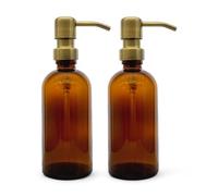 2 PCS Avalon Amber Glass Soap Dispenser Bottles 300ml with Metal Pumps (BPA-Free) Lotion Pump/Soap Dispensers - Reusable Refillable Eco friendly, Sustainable Living/Gift (Vintage Brass Style Pump)