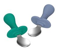 2 Pcs Baby Spoons Toddler Spoons for Self Feeding, Kids Spoons with Silicone Round Handle, Stainless Steel Toddler Utensils Children Safe Silverware Set, Anti-Choke Design, BPA Free - Green Blue