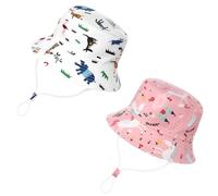 2 Pcs Baby Sun Hat, Adjustable Bucket Hats for Toddler Kids, Breathable Cotton Cartoon Animal Summer Beach Hat with Chin Strap for Boys Girls 2-5 Years Pink, White