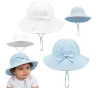 2 Pcs Baby Sun Hat Cotton Bucket Hat with Chin Strap, Soft Breathable Infant Summer Hats, Adjustable Floppy Beach Caps for Toddler Boys Girls 6-24 Months (UK, Age, 6 Months, 24 Months, White+Blue)