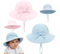 2 Pcs Baby Sun Hat Cotton Bucket Hat with Chin Strap, Soft Breathable Infant Summer Hats, Adjustable Floppy Beach Caps for Toddler Boys Girls 6-24 Months (UK, Age, 0 Months, 6 Months, Pink+Blue)