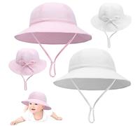2 Pcs Baby Sun Hat Cotton Soft Bucket Hat Fishing Hats with Adjustable Bow Head Tie and Chin Strap for 0-24 Months Newborn Kids Girls Boys (Age 6-24 Months, Pink+White)