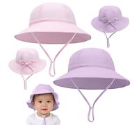 2 Pcs Baby Sun Hat Cotton Soft Bucket Hat Fishing Hats with Adjustable Bow Head Tie and Chin Strap for 0-24 Months Newborn Kids Girls Boys (Age 6-24 Months, Pink+Purple)