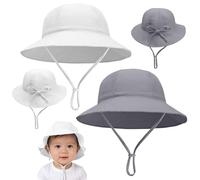 2 Pcs Baby Sun Hat Cotton Soft Bucket Hat Fishing Hats with Adjustable Bow Head Tie and Chin Strap for 0-24 Months Newborn Kids Girls Boys (Age 6-24 Months, White+Grey)