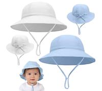 2 Pcs Baby Sun Hat Cotton Soft Bucket Hat Fishing Hats with Adjustable Bow Head Tie and Chin Strap for 0-24 Months Newborn Kids Girls Boys (Age 6-24 Months, White+Blue)