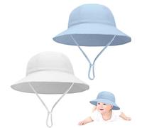 2 Pcs Baby Sun Hat with Adjustable Chin Strap 100% Cotton Soft Bucket Hat for Newborns 3-12 Months Toddler Fishing Hats for Boys & Girls (Age 3-12 Months, White+Blue)