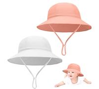 2 Pcs Baby Sun Hat with Adjustable Chin Strap 100% Cotton Soft Bucket Hat for Newborns 3-12 Months Toddler Fishing Hats for Boys & Girls (Age 3-12 Months, White+Pink)