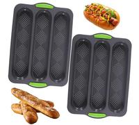 2 PCS Baguette Baking Tray, French Bread Loaf Pans, Silicone Baking Trays for Oven, Non-Stick Bread Roll Tins for Baking, 250g Capacity Per Loaf, Deep Grey Colour, Three-Groove Design