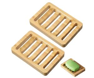2 PCS Bamboo Soap Dish, Bamboo Wooden Soap Dish, Self Draining NaturalBamboo Bar Soap Holder, for Bathroom, Shower Bath Tub, Kitchen Sponges(Natural Wood)