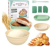 2 Pcs Banneton Bread Proofing Baskets, 9 inch Round + 10 Oval Silicone Bread Baking Baskets, Sourdough Bread Baking Supplies with Dough Scraper, Silicone Brush