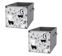 2 PCs Basket Bin Foldable Dirty Clothes Bag Bucket Fabric Dorms Waterproof Laundry Hamper Square Organizer Storage Handles Closet Print Black White Skunks Floral Flowers Vintage Old Retro Style