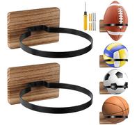 2 Pcs Basketball Holder Wall Mount with Wooden Base, Ball Storage Holders Display Rack for Basketball Football Rugby Soccer Volleyball Collection, Boys Sports Decor for Home Bedroom