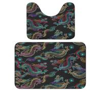 2 PCs Bathroom Rug Doormat, Non-Slip Pads Bath Mat Contour Rug, Absorbent Plush Bath Shower Mat U-Shaped Toilet Rug 15.7Ã-23.6 in Print Embroidery Chinese Dragons Colorful Seamless On Black