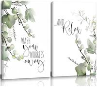 2 Pcs Bathroom Wall Art Sage Green Canvas Wall Decor Plant Pictures Prints Posters Minimalist Frames Paintings Modern Artwork for Restroom Washroom Spa Toilet Home Decorations Ready To Hang 16x24in