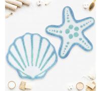2 Pcs Beach Bathroom Rugs Non Slip Washable Ocean Seashell Starfish Mats Rugs Coastal Bath Rugs for Room Decor Nautical Fluffy Plush Soft Absorbent Farmhouse Carpet for Bathroom Shower Tub