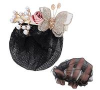 2 Pcs Bead Branch Net Barrette Elegant Butterfly Hair Net Clip Spring Clamp Flower Hair Bun Cover for Women Headwear Champagne