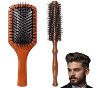 2 PCS Beard Brush Round, Beard Brush for Men, Combo of Boar Bristle Puff Brush & Cushioned Wood Comb, Ideal for Beard, grooming Enthusiasts at Home or While Traveling